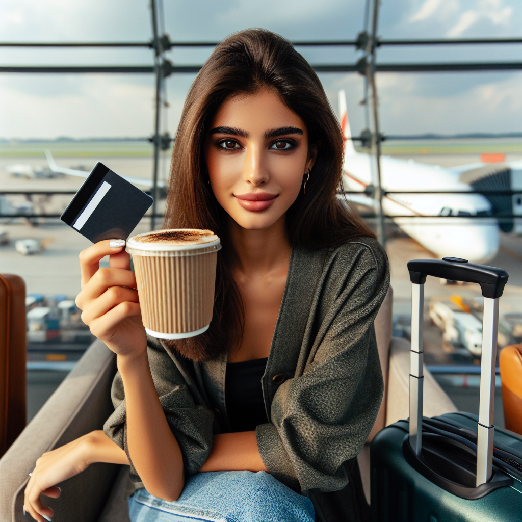 A traveler enjoying perks and benefits while using a credit card confidently at an airport