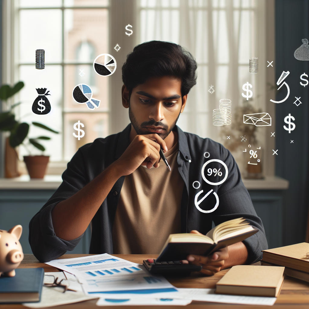 A thoughtful person sitting at a desk with financial papers and a calculator, surrounded by icons representing budgeting, loans, and economic decision-making.