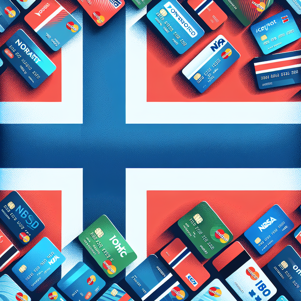 En illustrasjon som viser ulike kredittkort og et norsk flagg i bakgrunnen for å representere det norske kredittkortmarkedet.