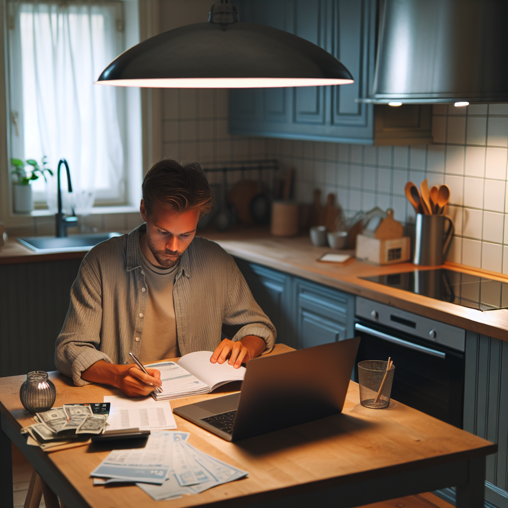 Norsk person som sitter ved et kjøkkenbord med regninger, laptop og notatblokk, rolig og fokusert stemning, nøytral belysning