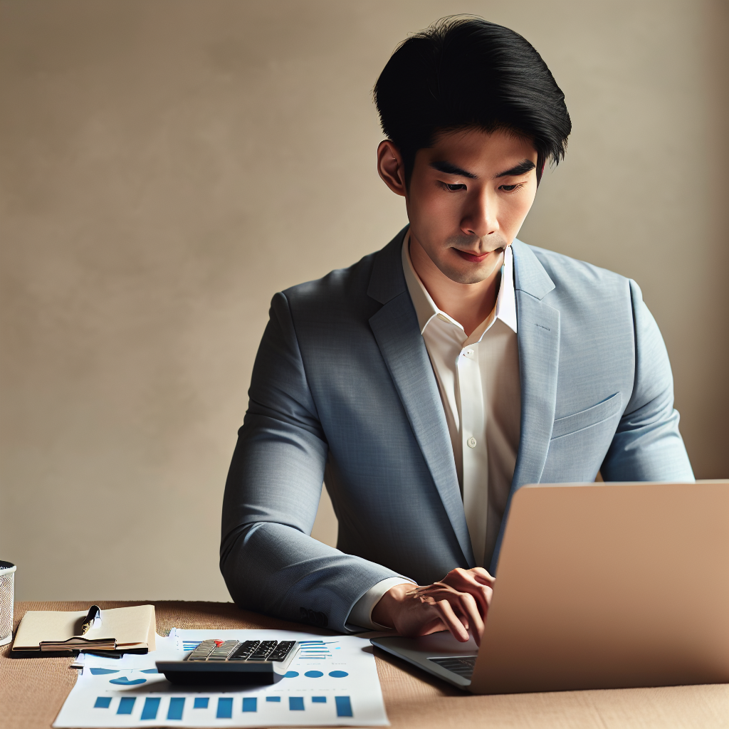 Bilde av en moderne person som sammenligner lånetilbud på en laptop, oversiktlige grafer og kalkulator, nøytral bakgrunn, profesjonell og tillitvekkende stil