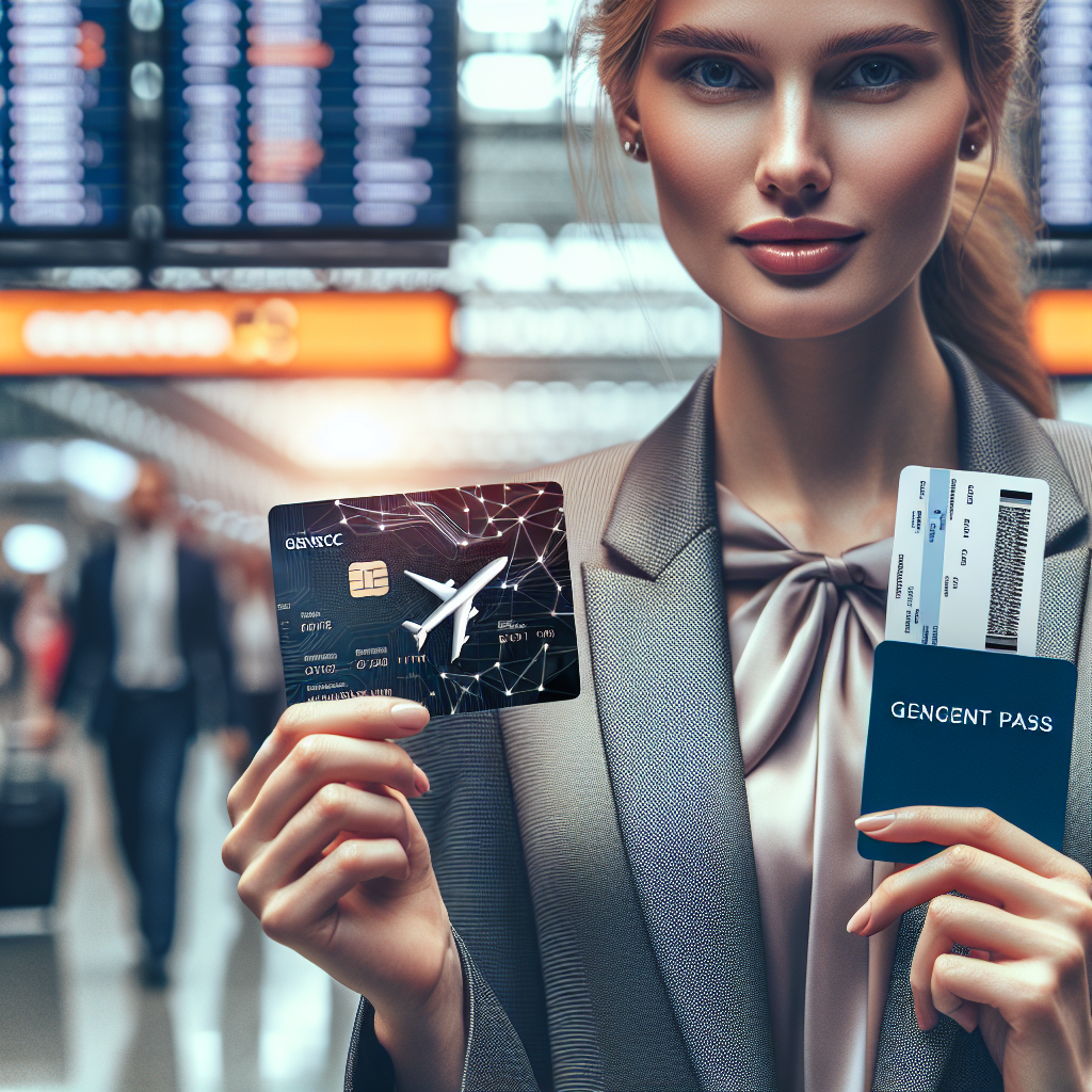 En reisende ved flyplass med boardingkort og Norwegian-kortet i hånden, moderne og profesjonell stil, symboler for økonomisk kontroll og reisefordeler